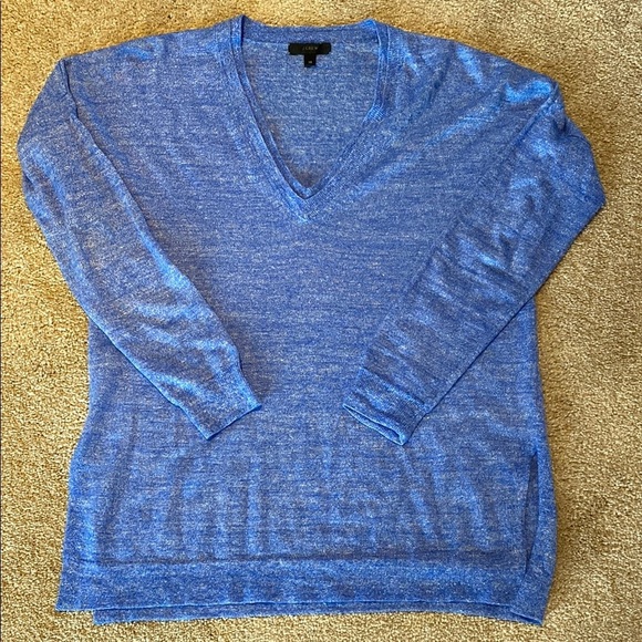 J Crew Linen Merino Wool Blend Double V Neck L/S Lightweight Sweater Blue XS - Picture 1 of 8